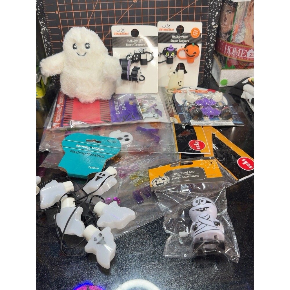 Halloween Lot Ghost Plush Gel Window Clings Stickers Straw Toppers Toys Necklace